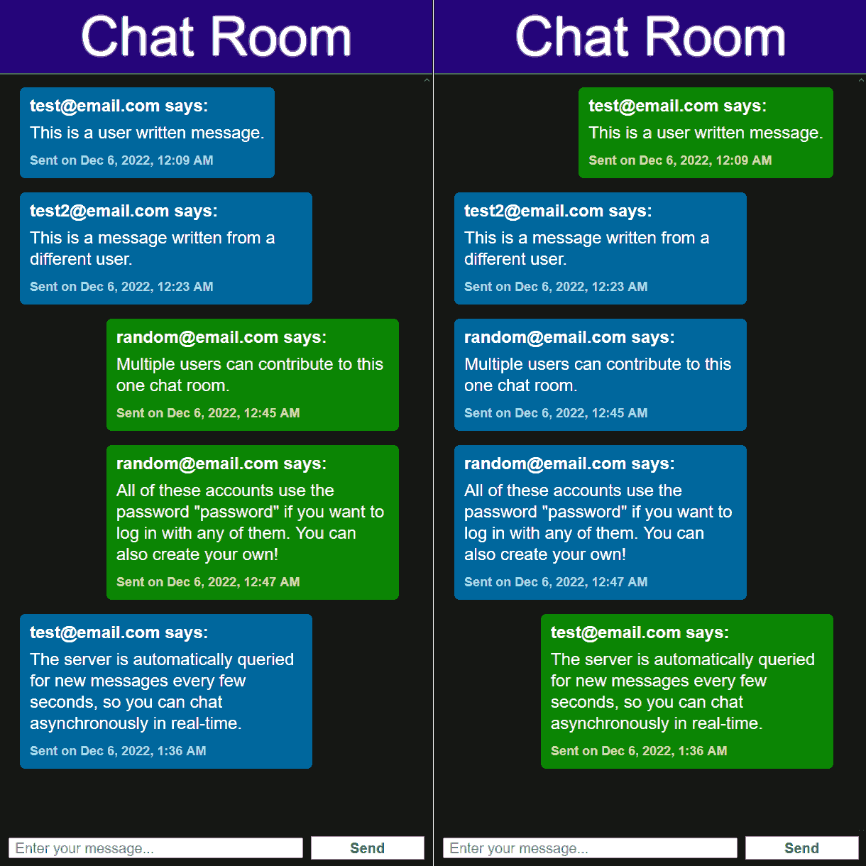 Screenshot of two chat room clients logged into different accounts viewing the same messages